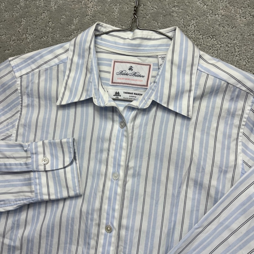 Brooks Brothers Thomas Mason Shirt Size 6 Blue White Stripe Classic Fit Luxury